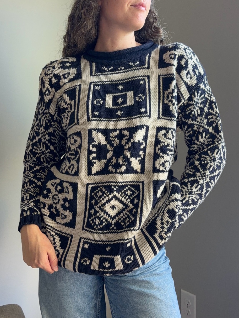 Vintage Paul Harris Navy Blue Rolled Neck Patterned Knit Sweater